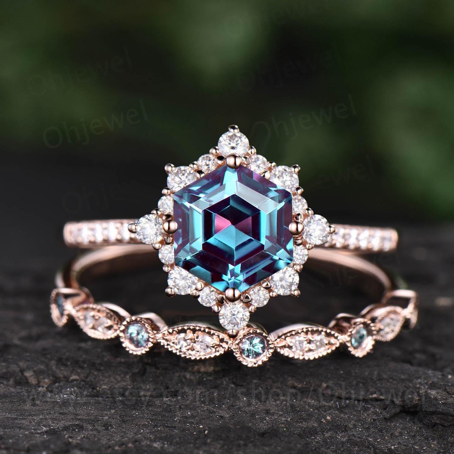 Hexagon cut Alexandrite engagement ring set vintage milgrain halo diamond ring women half eternity snowdrift moissanite bridal ring set