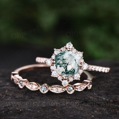Hexagon cut moss agate engagement ring set half eternity snowdrift halo diamond ring women milgrain alexandrite wedding ring band
