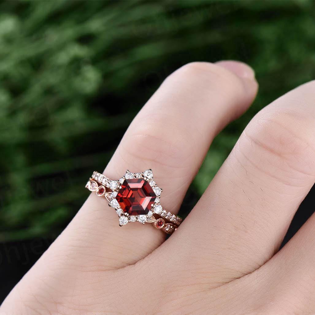 Rose Gold Garnet Wedding Ring, Halo Half popular Eternity Moissanite Ring, Oval Shape Natural Red Garnet Ring, Red Engagement Ring, Halo Garnet Ring