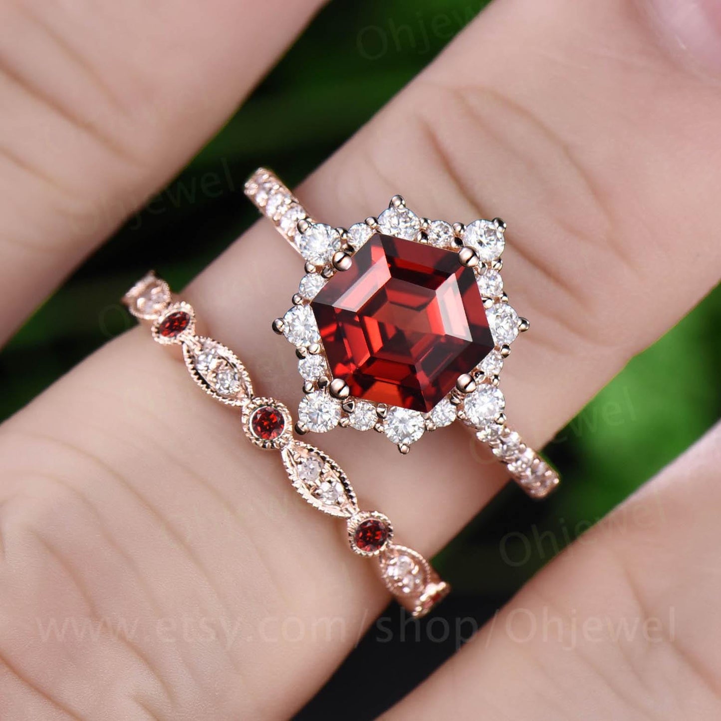 Hexagon cut red garnet engagement ring set half eternity snowdrift halo diamond ring women milgrain alexandrite wedding ring set gift