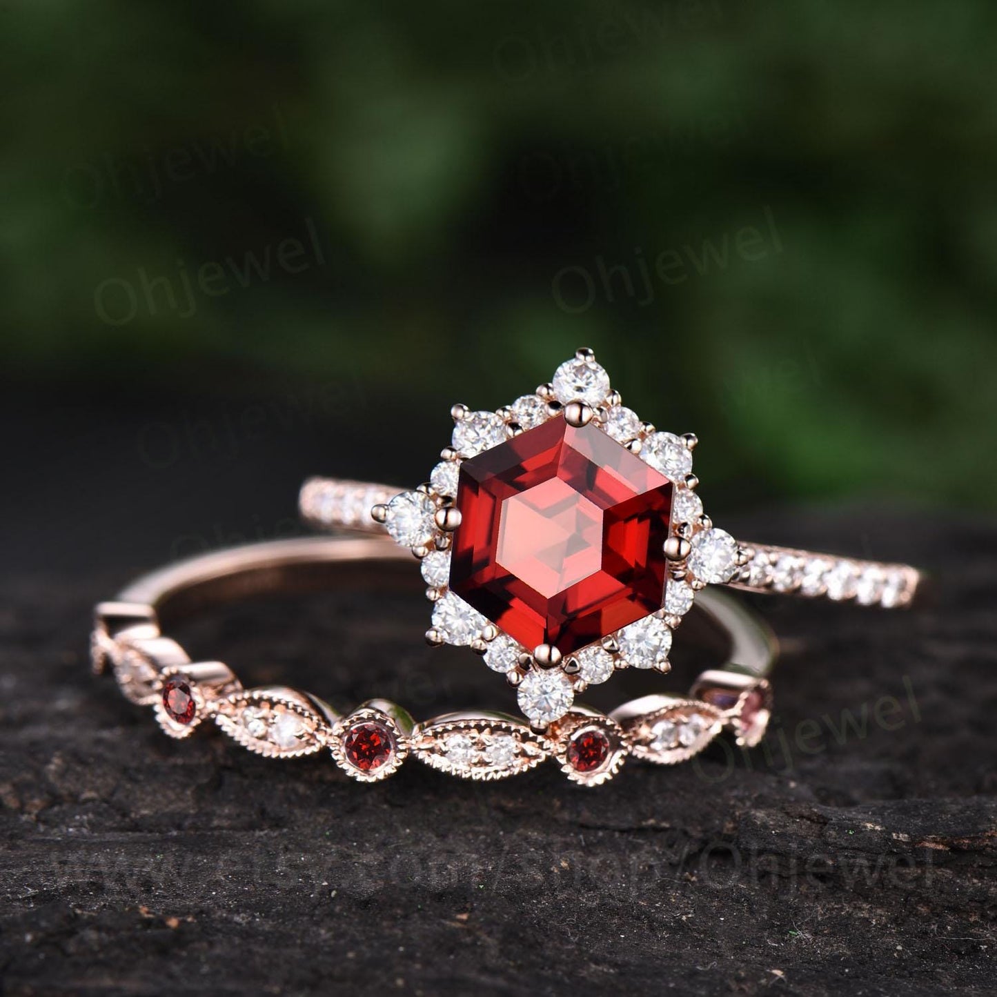 Hexagon cut red garnet engagement ring set half eternity snowdrift halo diamond ring women milgrain alexandrite wedding ring set gift