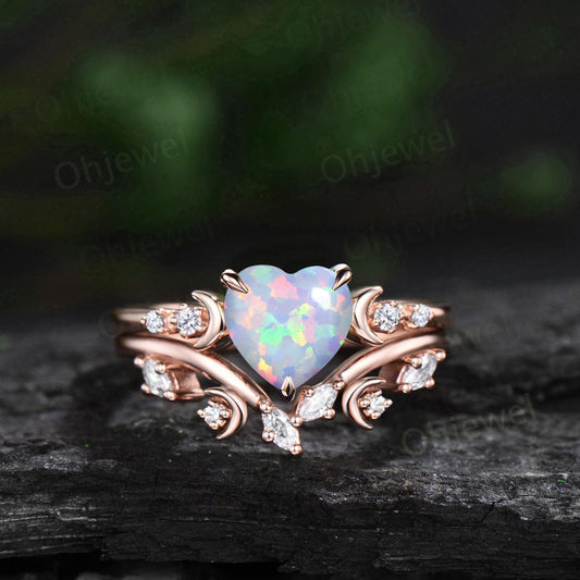 Vintage heart shaped white opal engagement ring rose gold five stone diamond moon ring set women unique promise anniversary gift jewelry