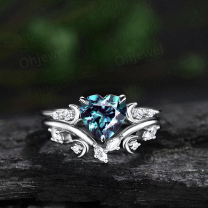 Vintage heart shaped alexandrite engagement ring rose gold five stone diamond moon ring set women unique bridal anniversary gift jewelry