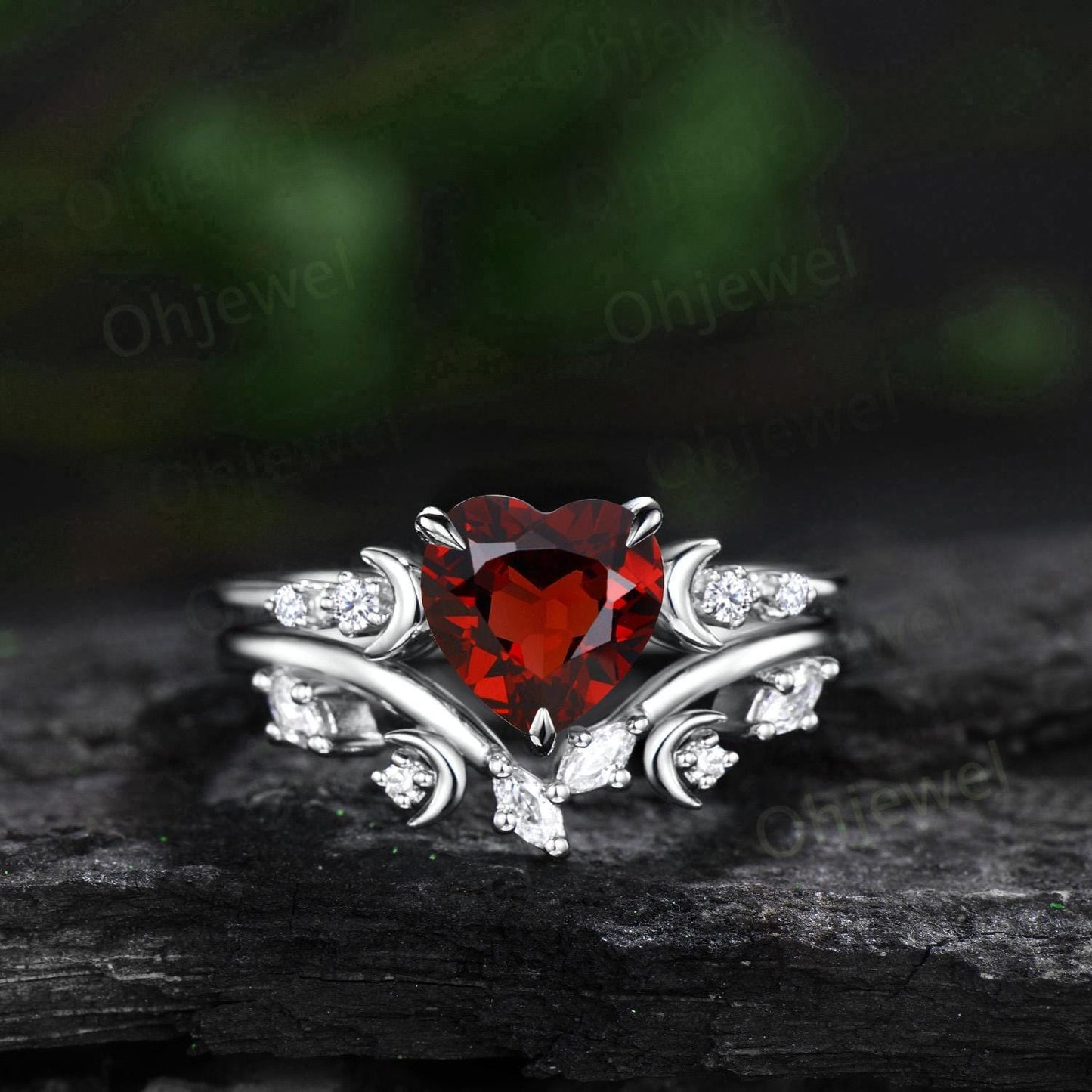 Heart shaped red garnet ring vintage rose gold five stone moon unique garnet engagement ring women dainty diamond bridal ring set women