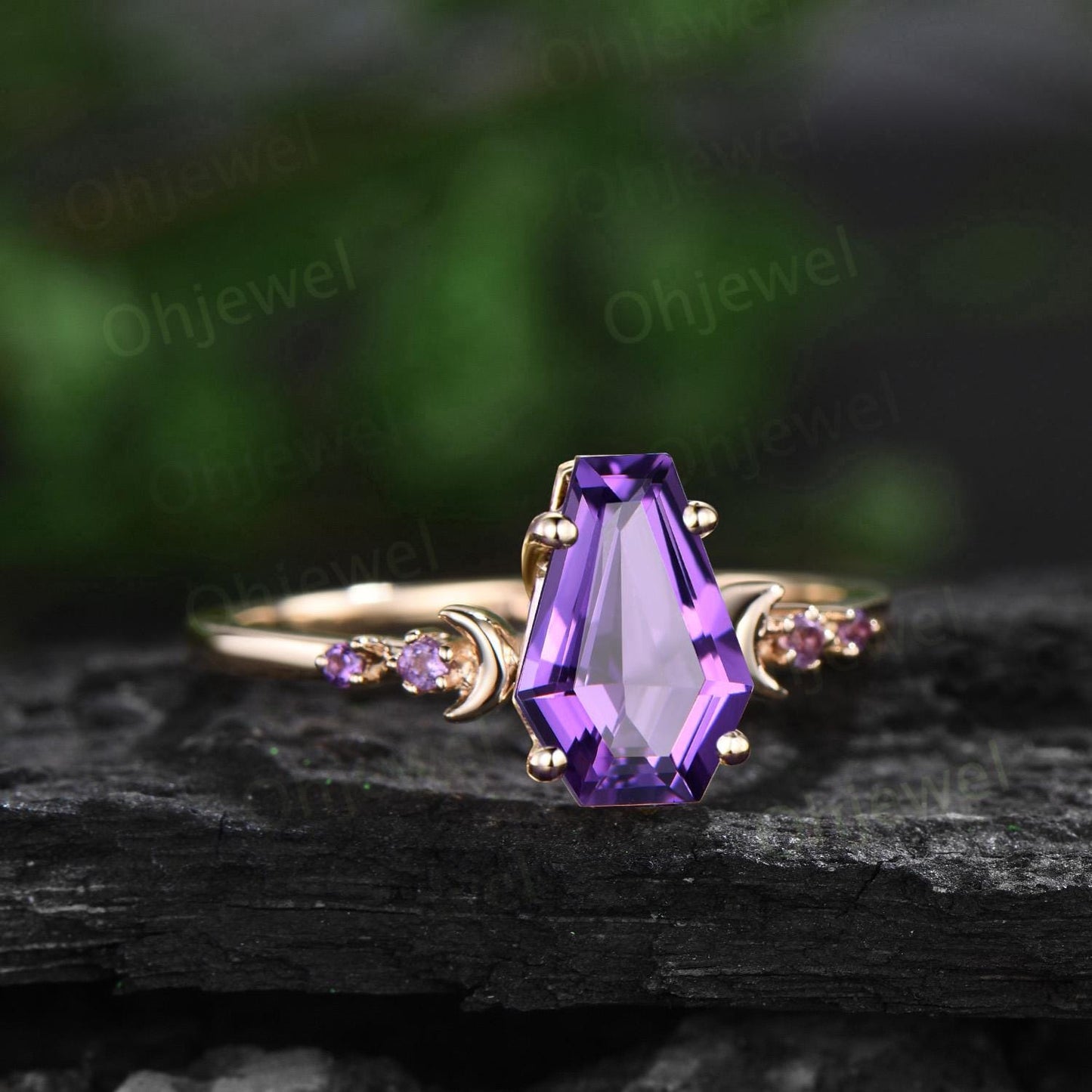 Coffin purple amethyst ring vintage five stone moon kite cut amethyst engagement ring set women opal wedding ring band anniversary gift