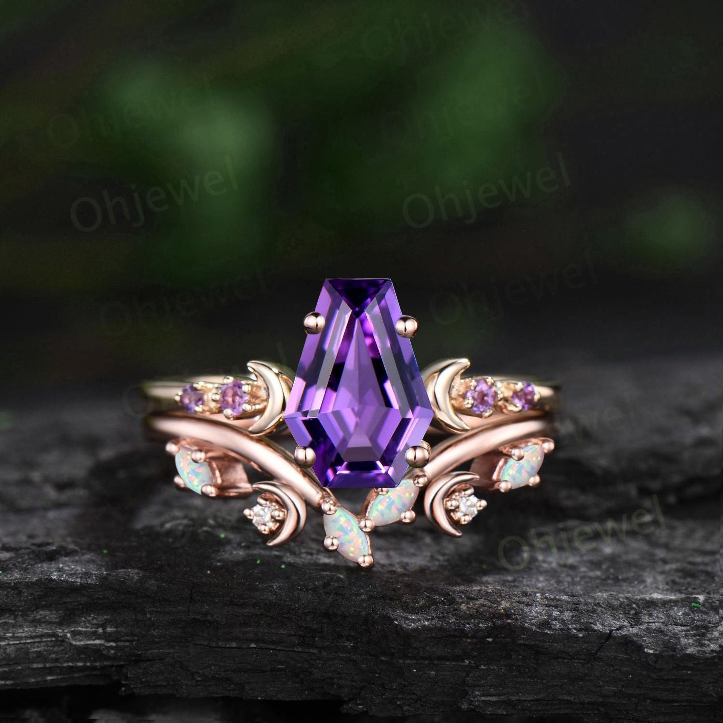 Coffin purple amethyst ring vintage five stone moon kite cut amethyst engagement ring set women opal wedding ring band anniversary gift