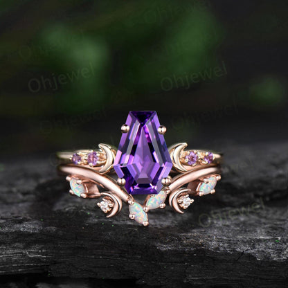 Coffin purple amethyst ring vintage five stone moon kite cut amethyst engagement ring set women opal wedding ring band anniversary gift
