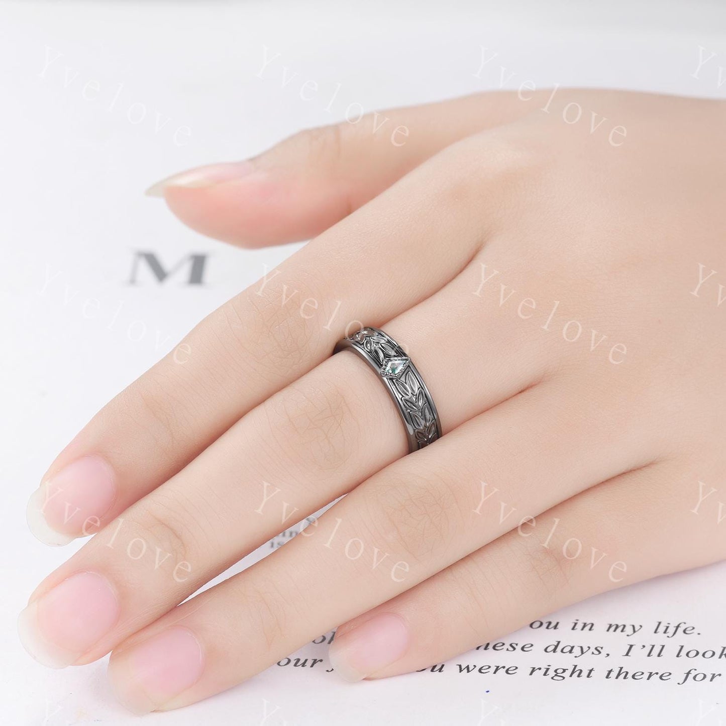 3/4 Eternity Kite Moss Agate Leaf Wedding Band Unisex Silver Black Ring Nature Inspired Promise Bridal Ring Custom Jewelry Rings For Men