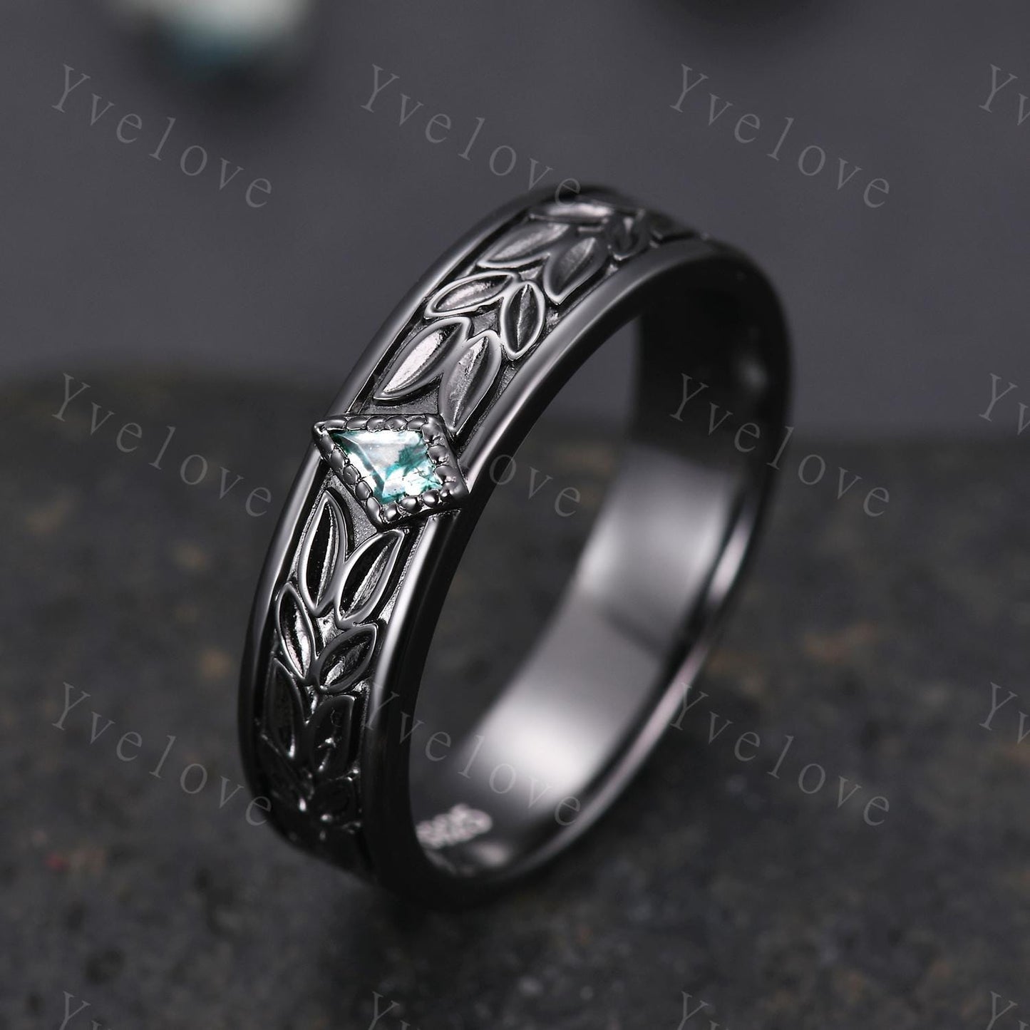 3/4 Eternity Kite Moss Agate Leaf Wedding Band Unisex Silver Black Ring Nature Inspired Promise Bridal Ring Custom Jewelry Rings For Men