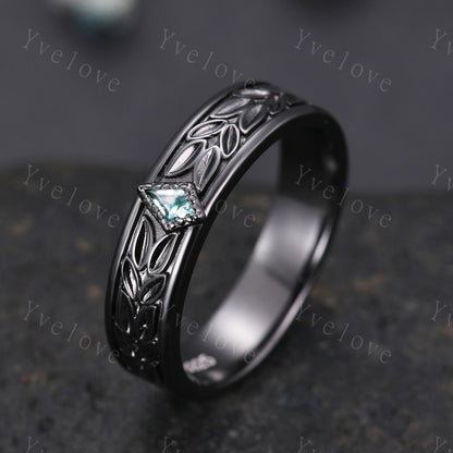 3/4 Eternity Kite Moss Agate Leaf Wedding Band Unisex Silver Black Ring Nature Inspired Promise Bridal Ring Custom Jewelry Rings For Men
