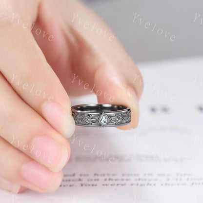 3/4 Eternity Kite Moss Agate Leaf Wedding Band Unisex Silver Black Ring Nature Inspired Promise Bridal Ring Custom Jewelry Rings For Men