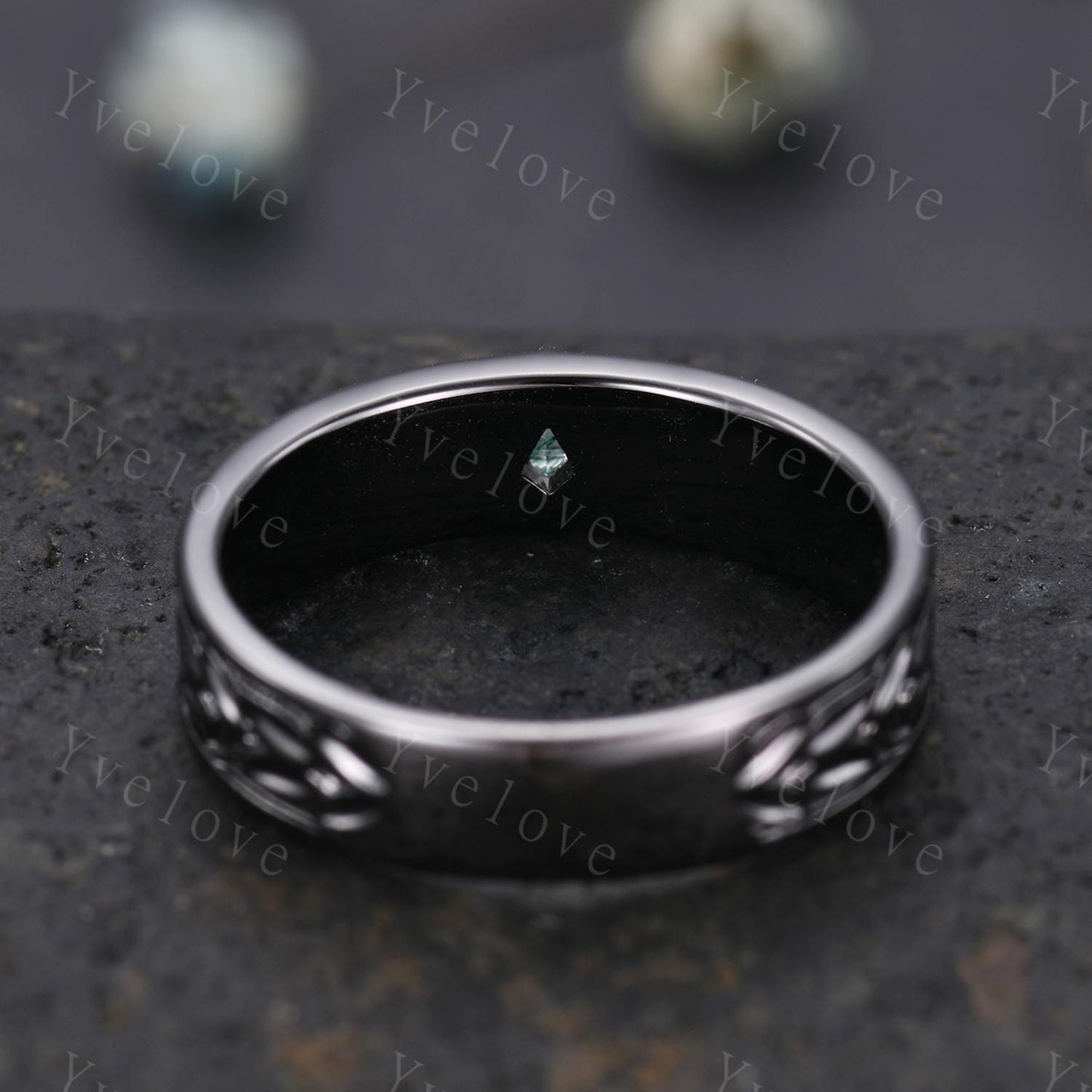3/4 Eternity Kite Moss Agate Leaf Wedding Band Unisex Silver Black Ring Nature Inspired Promise Bridal Ring Custom Jewelry Rings For Men