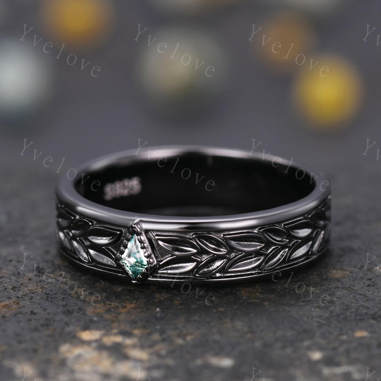3/4 Eternity Kite Moss Agate Leaf Wedding Band Unisex Silver Black Ring Nature Inspired Promise Bridal Ring Custom Jewelry Rings For Men