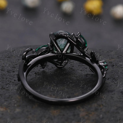 Gothic Oval Cut Moss Agate Engagement Ring,14K Black Gold Leaf Green Emerald Promise Ring Unique Black Rhodium Ring Cluster Bridal Ring Gift