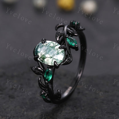 Gothic Oval Cut Moss Agate Engagement Ring,14K Black Gold Leaf Green Emerald Promise Ring Unique Black Rhodium Ring Cluster Bridal Ring Gift