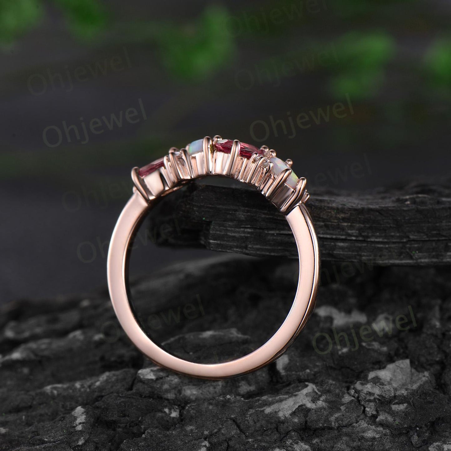 Dainty pear ruby ring vintage art deco Baguette cut opal ring 14k rose gold unique cluster moissanite wedding band anniversary gift