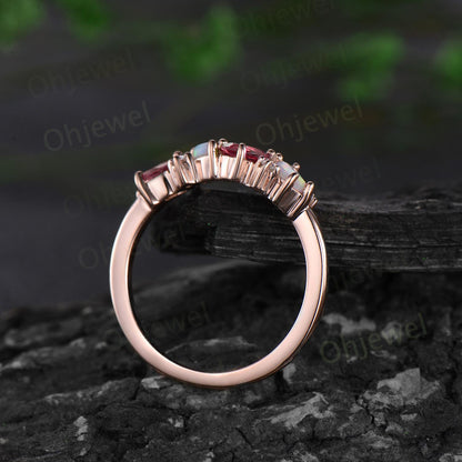 Dainty pear ruby ring vintage art deco Baguette cut opal ring 14k rose gold unique cluster moissanite wedding band anniversary gift
