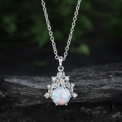 Round white opal necklace leaf cluster diamond antique Pendant women solid 14k rose gold nature inspired unique anniversary gift