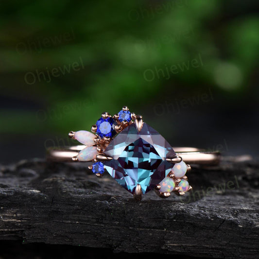 Cushion cut alexandrite ring rose gold vintage sapphire opal cluster unique engagement ring women color change gemstone anniversary gift