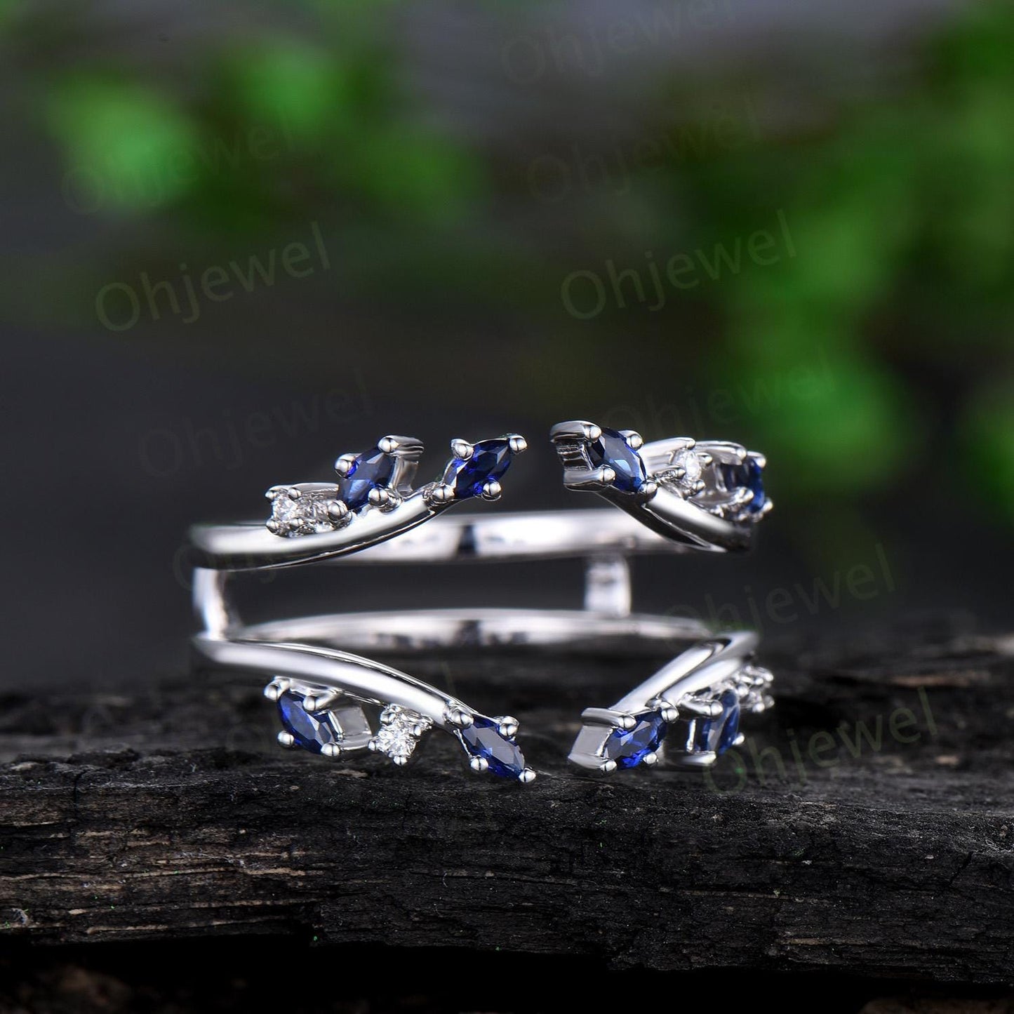 Open gap natural sapphire wedding band enhancer Nesting double curved diamond wedding band women white gold anniversary ring gift