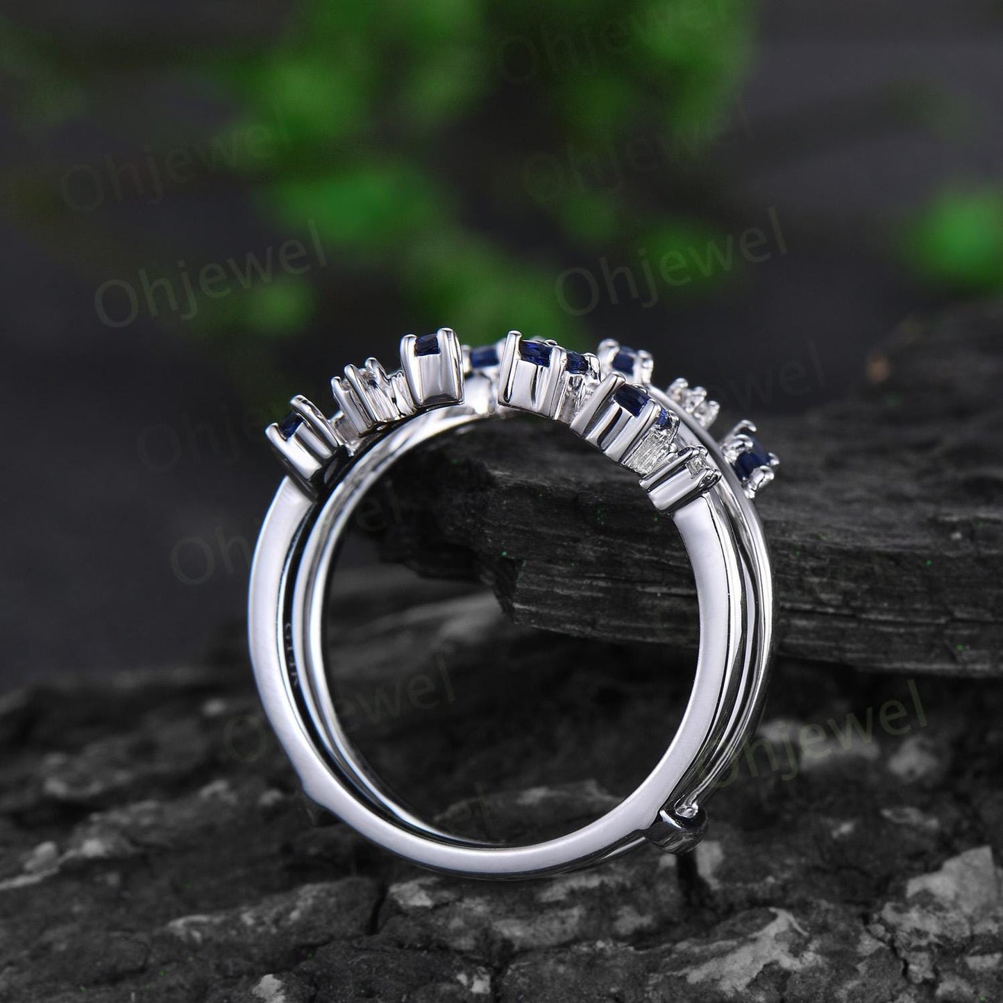 Open gap natural sapphire wedding band enhancer Nesting double curved diamond wedding band women white gold anniversary ring gift