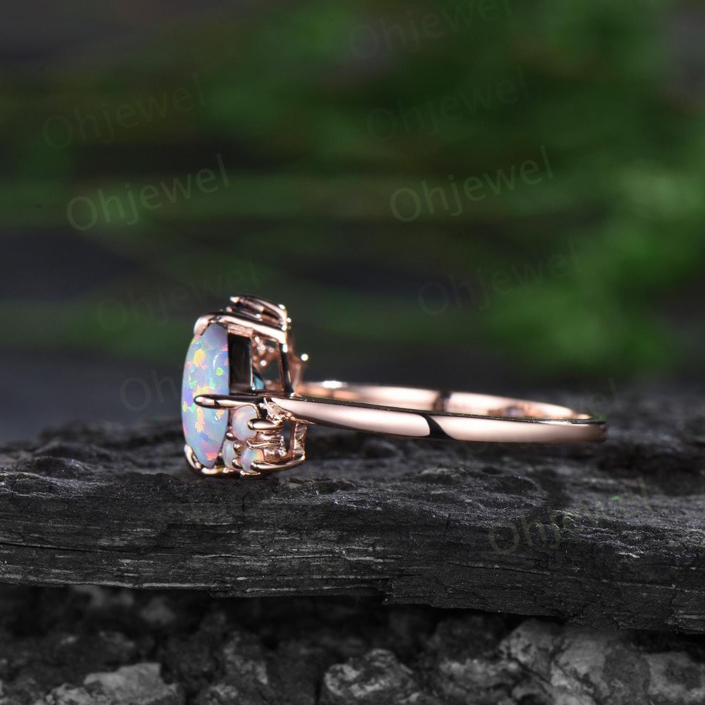 Cushion white opal ring rose gold vintage sapphire cluster unique engagement ring women square opal bridal anniversary ring gift jewelry