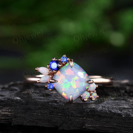 Cushion white opal ring rose gold vintage sapphire cluster unique engagement ring women square opal bridal anniversary ring gift jewelry