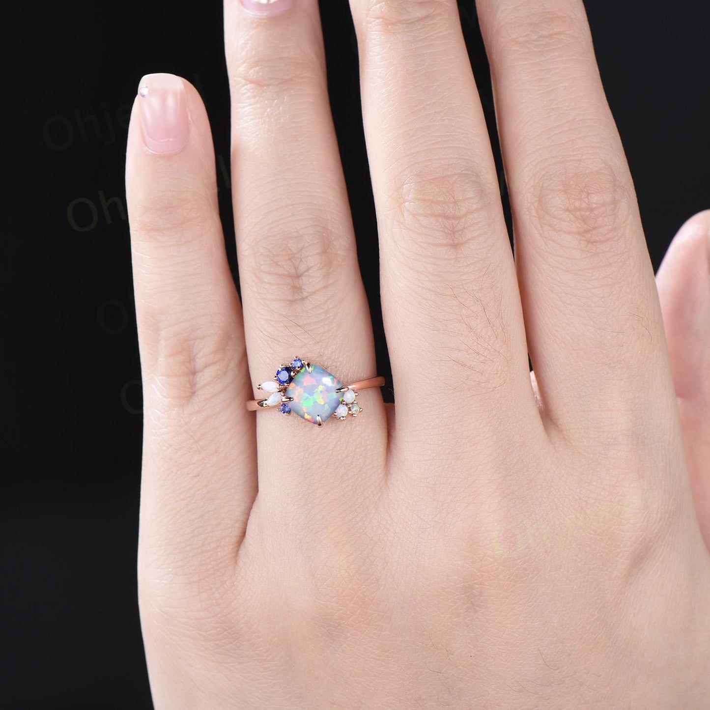 Cushion white opal ring rose gold vintage sapphire cluster unique engagement ring women square opal bridal anniversary ring gift jewelry