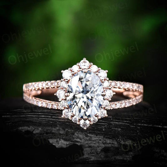 Oval cut moissanite engagement ring vintage halo split shank half eternity diamond ring rose gold unique promise bridal ring jewelry gift