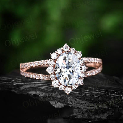 Oval cut moissanite engagement ring vintage halo split shank half eternity diamond ring rose gold unique promise bridal ring jewelry gift