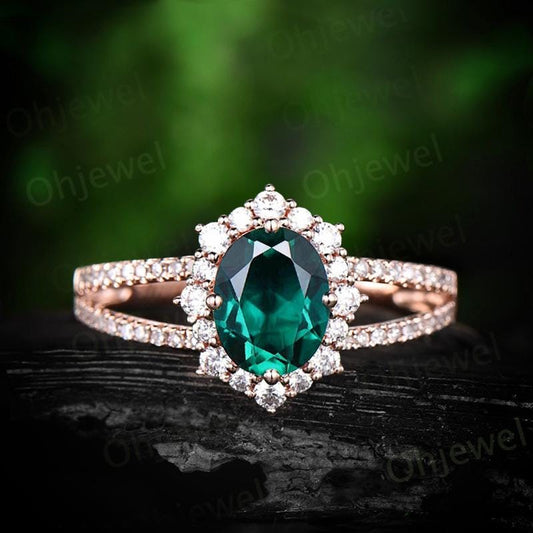 Oval cut green emerald engagement ring vintage halo split shank half eternity diamond ring rose gold unique promise bridal ring jewelry gift