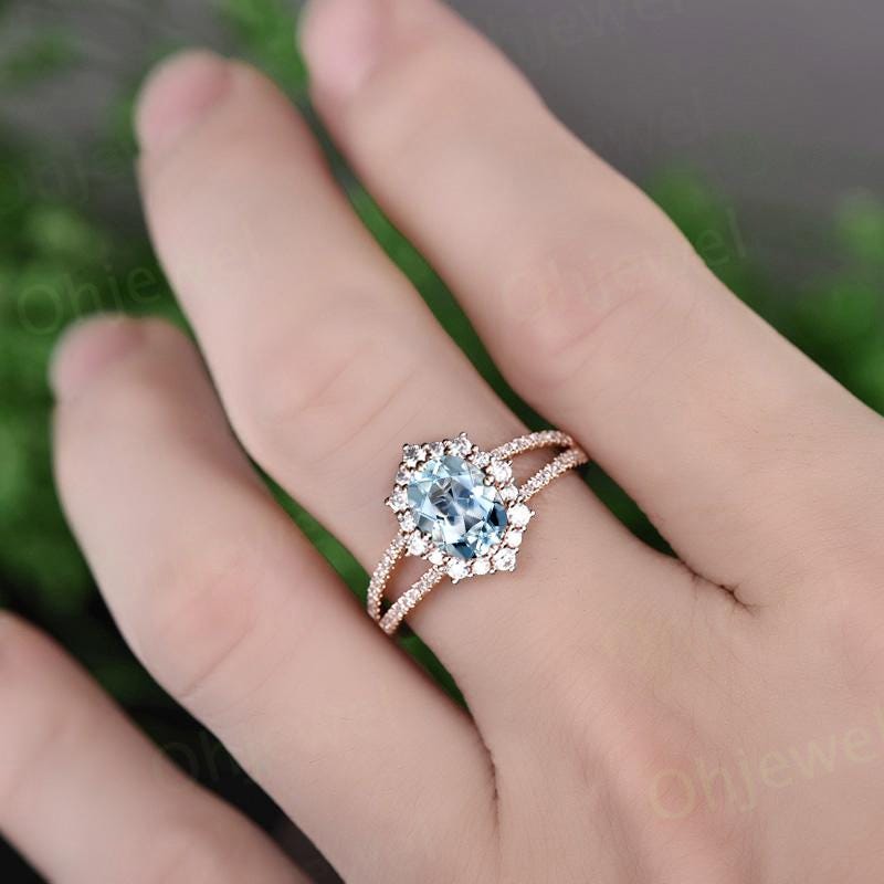 Oval cut aquamarine engagement ring vintage halo split shank half eternity diamond ring rose gold unique promise bridal ring jewelry gift