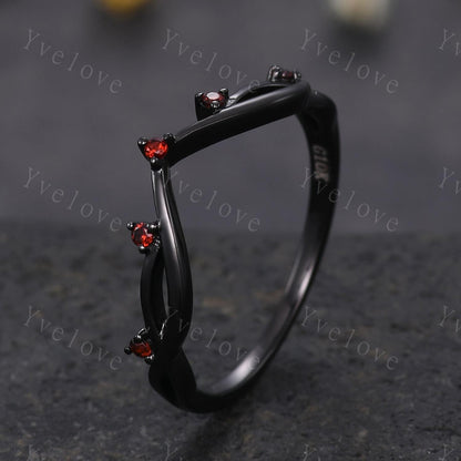 Vintage Red Garent Engagement Ring,Twig Stacking Band,Women Garnet Vine Band,Art Deco Curved Branch Wedding Band,Black Gold Silver Ring Gift