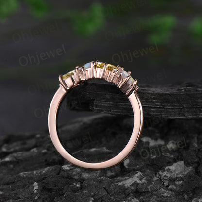 Dainty pear yellow citrine ring vintage Baguette cut opal ring 14k rose gold unique cluster moissanite wedding band anniversary gift