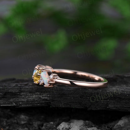 Dainty pear yellow citrine ring vintage Baguette cut opal ring 14k rose gold unique cluster moissanite wedding band anniversary gift