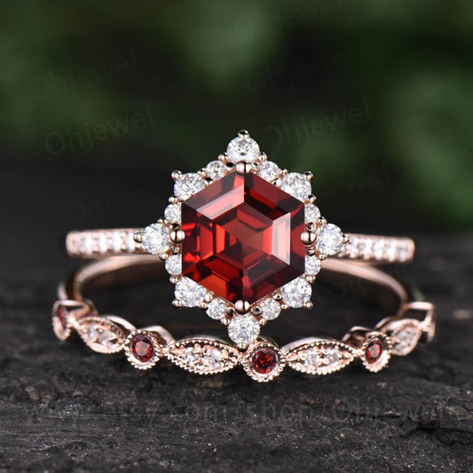 Hexagon cut red garnet engagement ring set half eternity snowdrift halo diamond ring women milgrain alexandrite wedding ring set gift