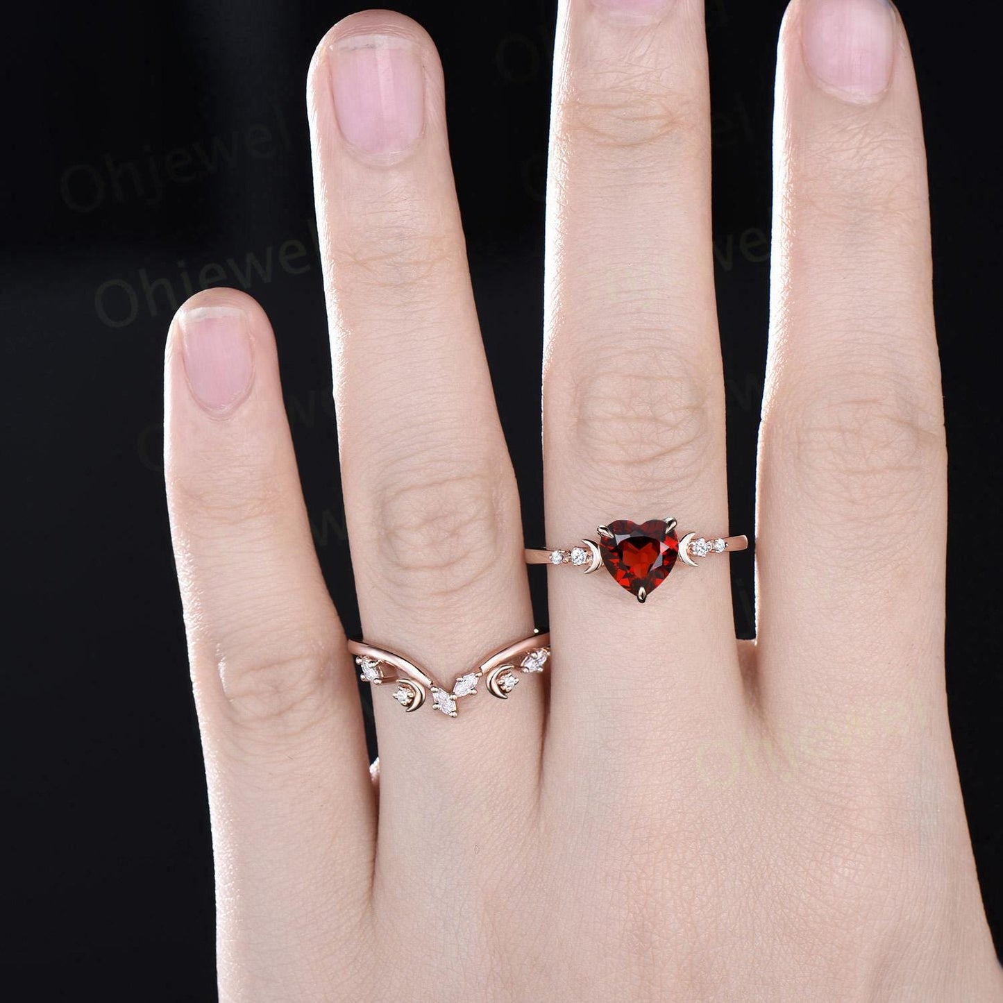 Heart shaped red garnet ring vintage rose gold five stone moon unique garnet engagement ring women dainty diamond bridal ring set women