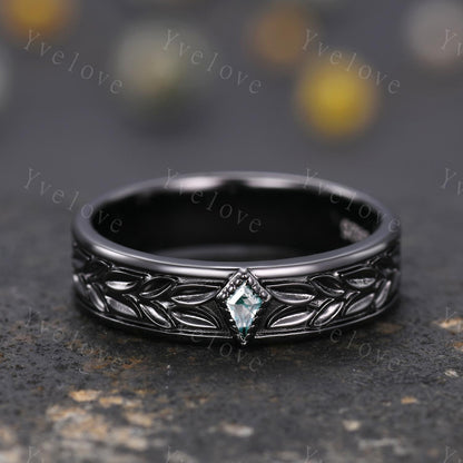 3/4 Eternity Kite Moss Agate Leaf Wedding Band Unisex Silver Black Ring Nature Inspired Promise Bridal Ring Custom Jewelry Rings For Men