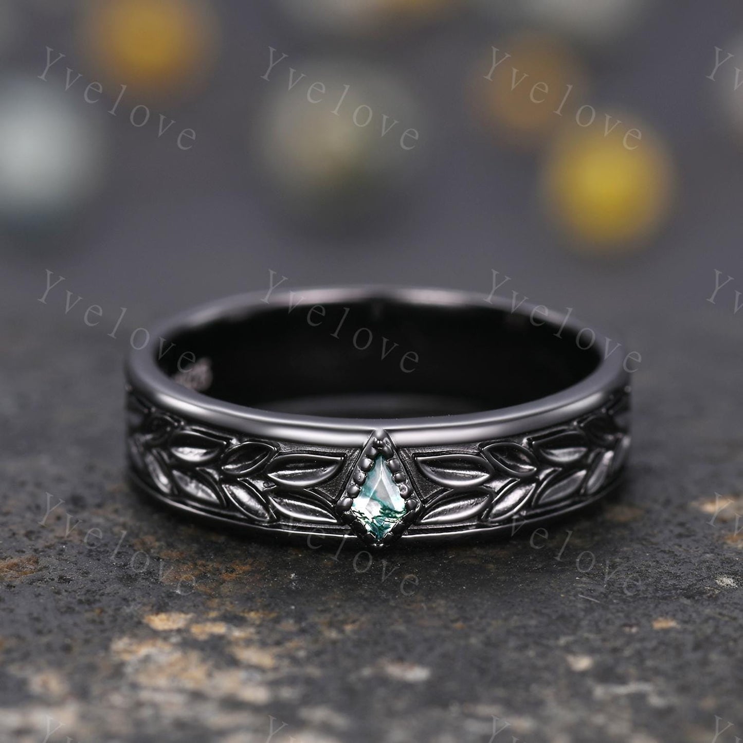 3/4 Eternity Kite Moss Agate Leaf Wedding Band Unisex Silver Black Ring Nature Inspired Promise Bridal Ring Custom Jewelry Rings For Men