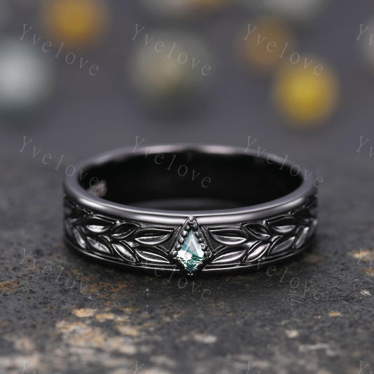 3/4 Eternity Kite Moss Agate Leaf Wedding Band Unisex Silver Black Ring Nature Inspired Promise Bridal Ring Custom Jewelry Rings For Men