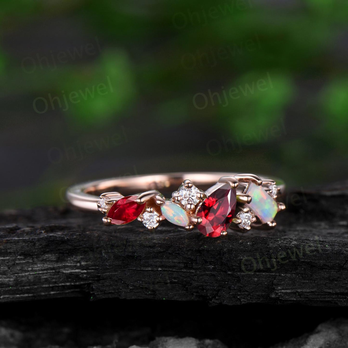 Dainty pear ruby ring vintage art deco Baguette cut opal ring 14k rose gold unique cluster moissanite wedding band anniversary gift