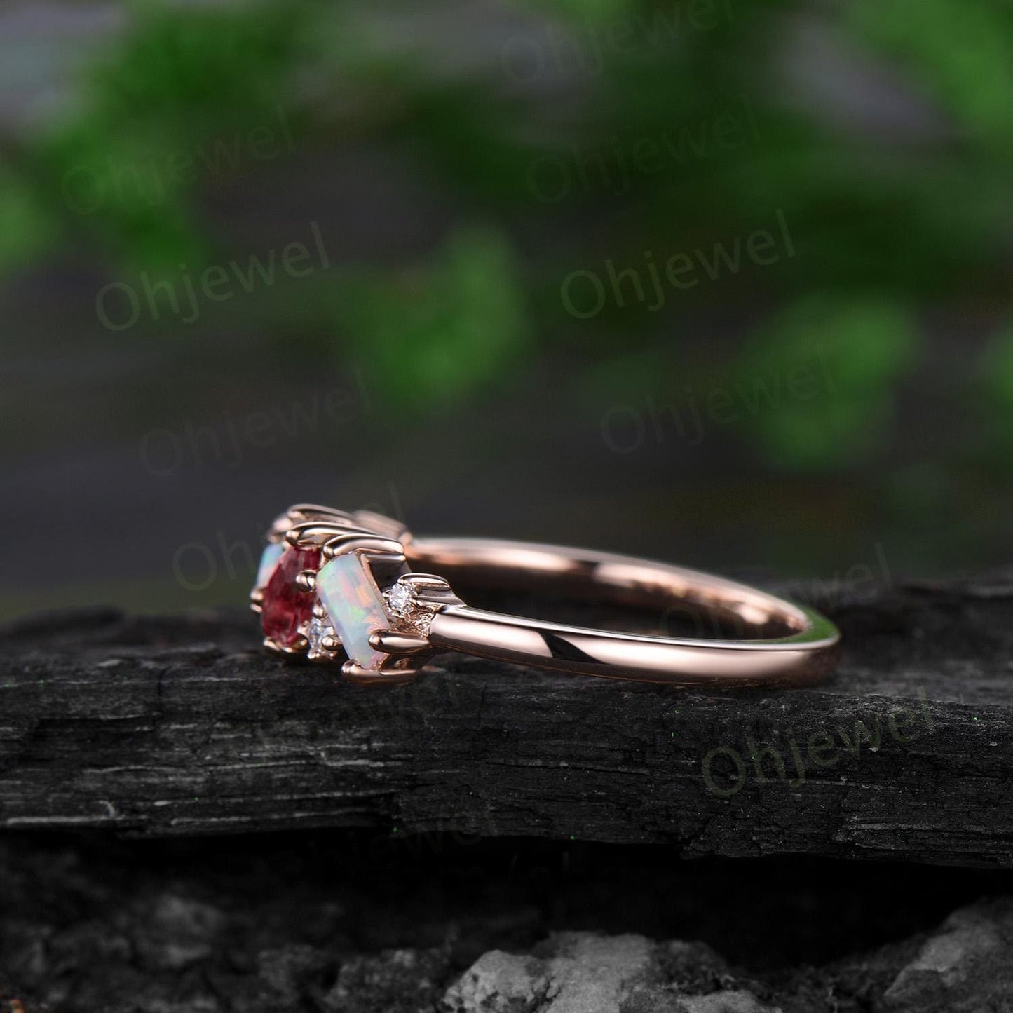 Dainty pear ruby ring vintage art deco Baguette cut opal ring 14k rose gold unique cluster moissanite wedding band anniversary gift