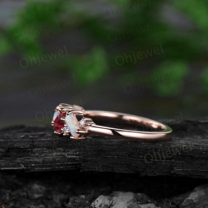 Dainty pear ruby ring vintage art deco Baguette cut opal ring 14k rose gold unique cluster moissanite wedding band anniversary gift