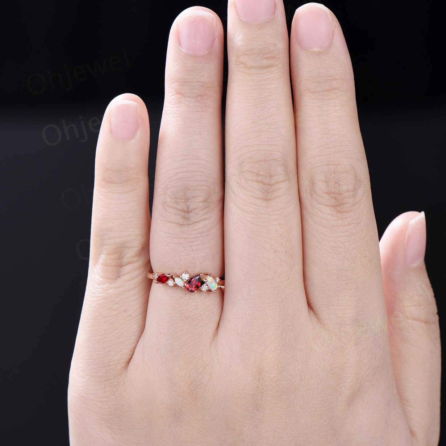 Dainty pear ruby ring vintage art deco Baguette cut opal ring 14k rose gold unique cluster moissanite wedding band anniversary gift