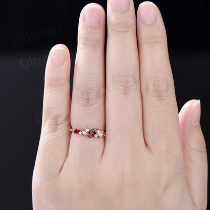 Dainty pear ruby ring vintage art deco Baguette cut opal ring 14k rose gold unique cluster moissanite wedding band anniversary gift