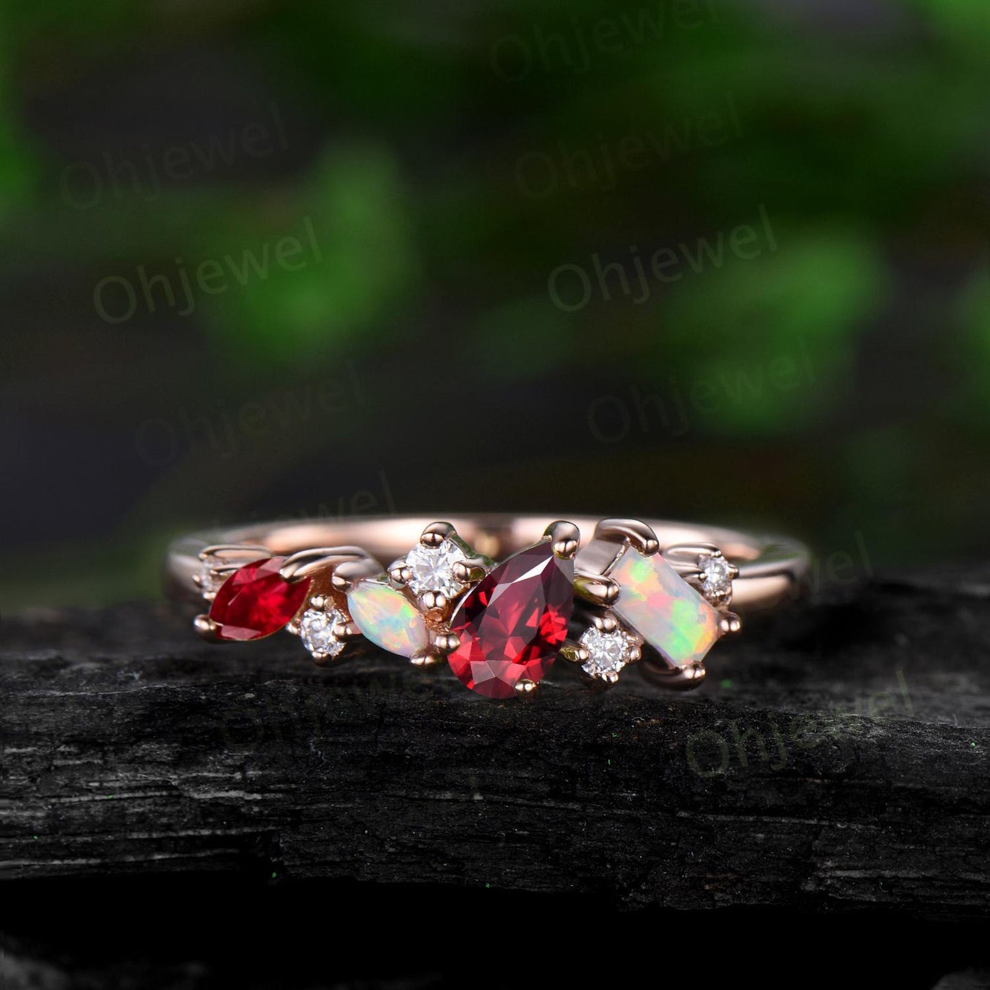 Dainty pear ruby ring vintage art deco Baguette cut opal ring 14k rose gold unique cluster moissanite wedding band anniversary gift
