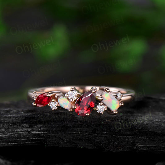 Dainty pear ruby ring vintage art deco Baguette cut opal ring 14k rose gold unique cluster moissanite wedding band anniversary gift