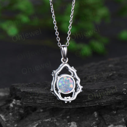 Vintage round opal necklace 14k white gold halo twig vine branch art deco diamond Pendant women birthday anniversary gift