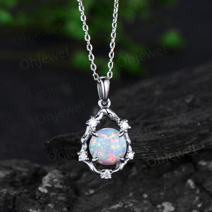 Vintage round opal necklace 14k white gold halo twig vine branch art deco diamond Pendant women birthday anniversary gift