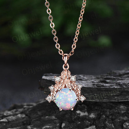 Round white opal necklace leaf cluster diamond antique Pendant women solid 14k rose gold nature inspired unique anniversary gift